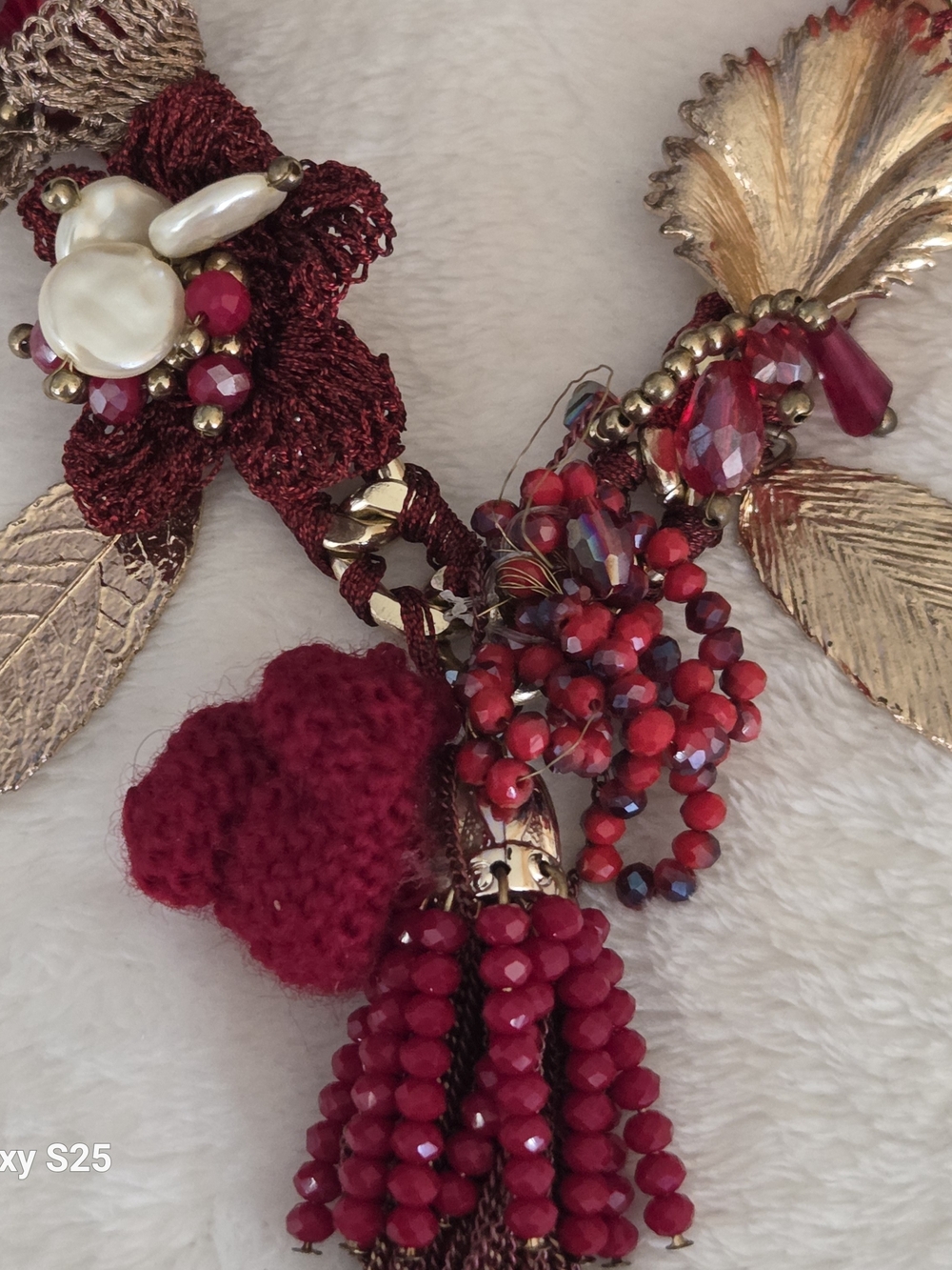 Boho Chic Artisan Statement Necklace w/ Tassel, Gold Leaves & Red Beads